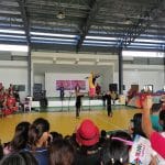 Audiences watch a performance at an evacuation center in the Municipality of Dujali, Davao del Norte.