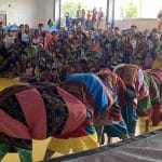 Audiences admire the performance of a group at an evacuation center in Barangay Bingkungan.