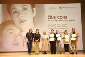 Vilma Santos-Recto, Claudine Barreto, 'Blue Room' director Ma-an Asuncion-Dagñalan, and CCP Vice President and Artistic Director Dennis Marasigan with SPU-QC officials