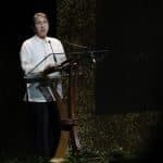 National Music Competitions for Young Artists (NAMCYA) President Renato Lucas reads a letter written by Oscar Yatco’s wife Brigitte upon accepting the award for Prof. Yatco. (Photo by Kiko Cabuena CCP)