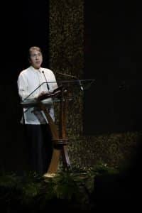 National Music Competitions for Young Artists (NAMCYA) President Renato Lucas reads a letter written by Oscar Yatco’s wife Brigitte upon accepting the award for Prof. Yatco. (Photo by Kiko Cabuena CCP)