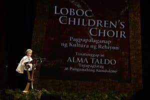 LCC musical director and conductor Alma Taldo delivers her acceptance speech on stage. (Photo by Kiko Cabuena CCP)